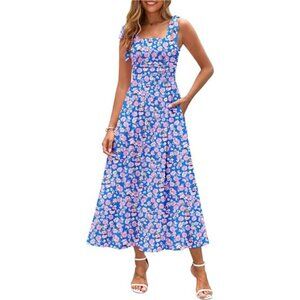 Summer Spaghetti Strap Floral Maxi Dress Blue Pink